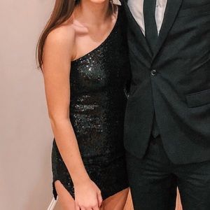Sparkly Black Single Sleeve Mini Dress with Slit